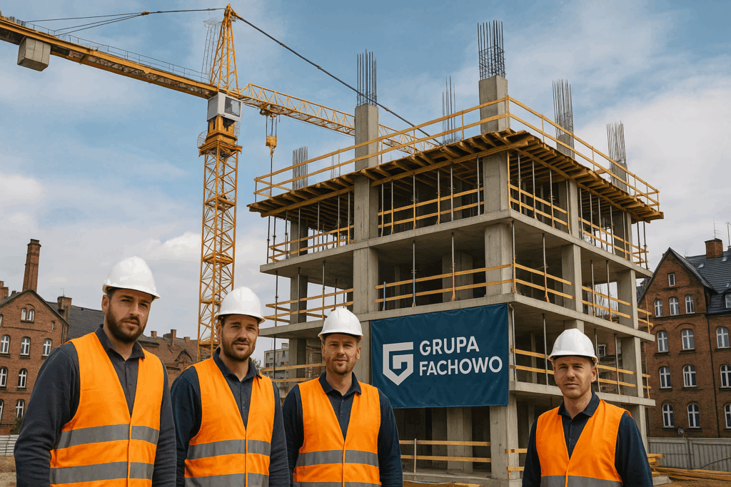 Plac budowy na Śląsku z ekipą Grupy Fachowo pracującą przy nowoczesnym budynku