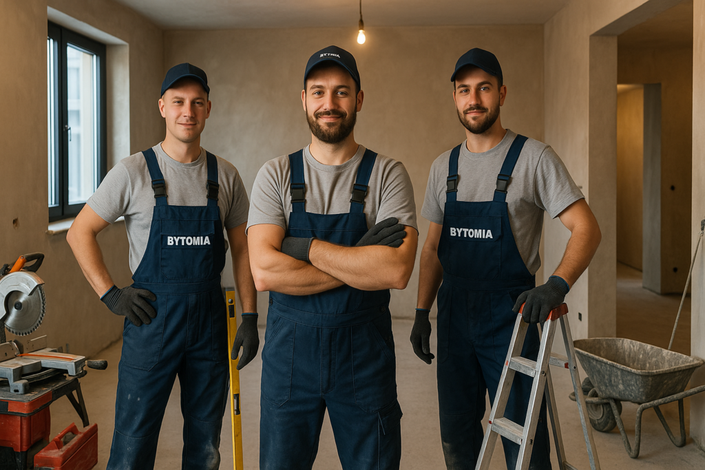 Ekipa remontowa pracująca w mieszkaniu w Bytomiu