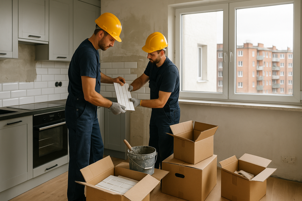 Ekipa Grupy Fachowo remontująca kuchnię w mieszkaniu na Śląsku